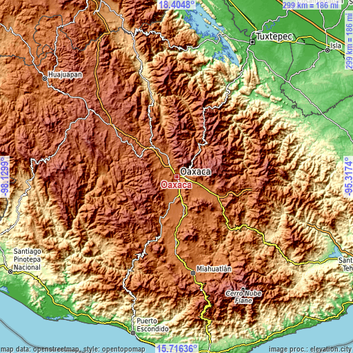 Topographic map of Oaxaca