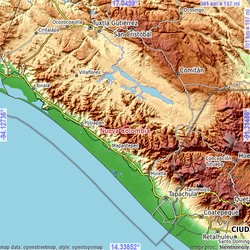 Topographic map of Nueva Colombia