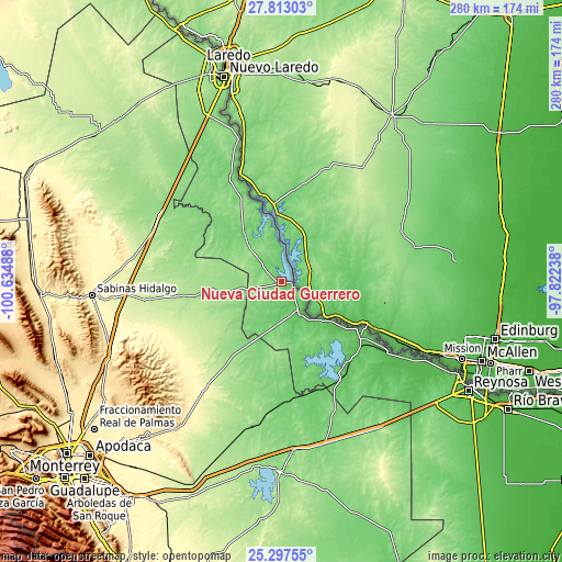 Topographic map of Nueva Ciudad Guerrero