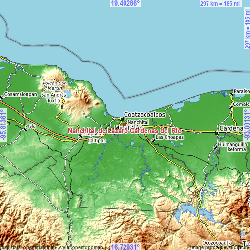 Topographic map of Nanchital de Lázaro Cárdenas del Río