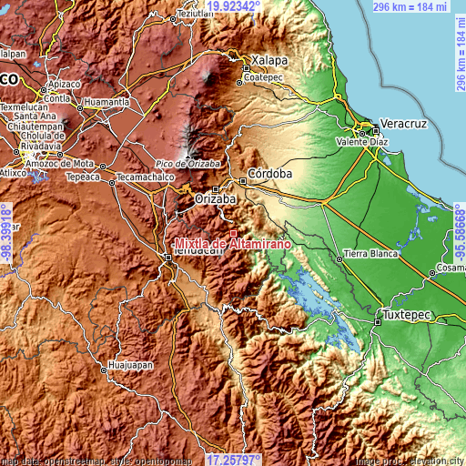 Topographic map of Mixtla de Altamirano