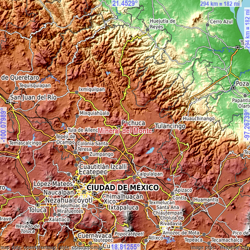 Topographic map of Mineral del Monte