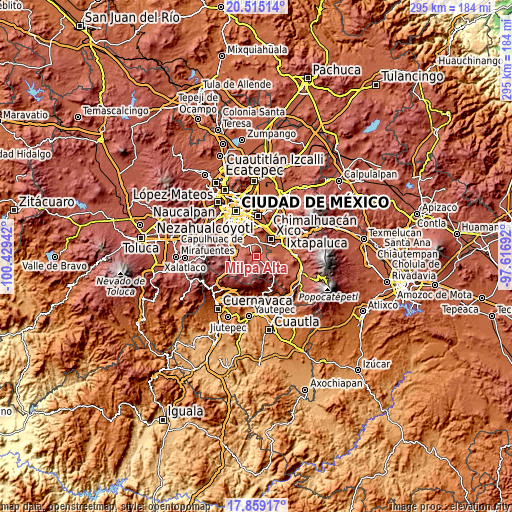 Topographic map of Milpa Alta
