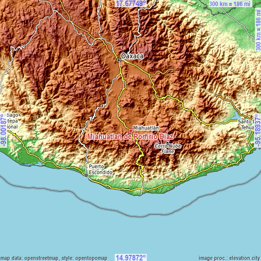 Topographic map of Miahuatlán de Porfirio Díaz