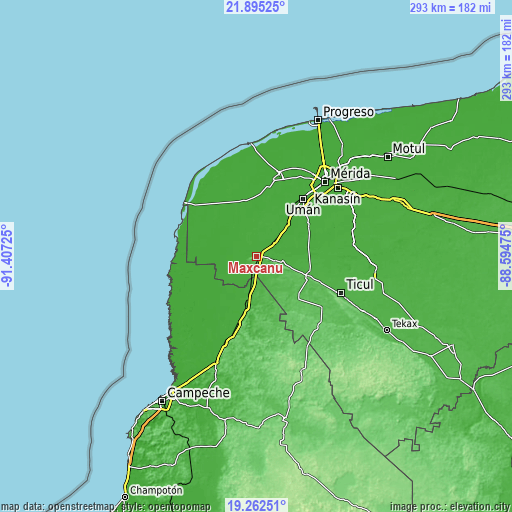Topographic map of Maxcanú