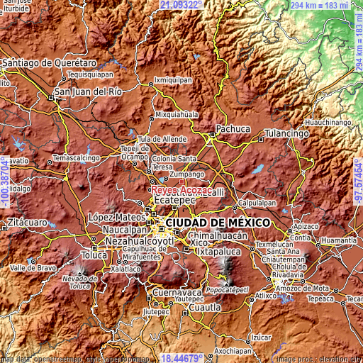 Topographic map of Reyes Acozac