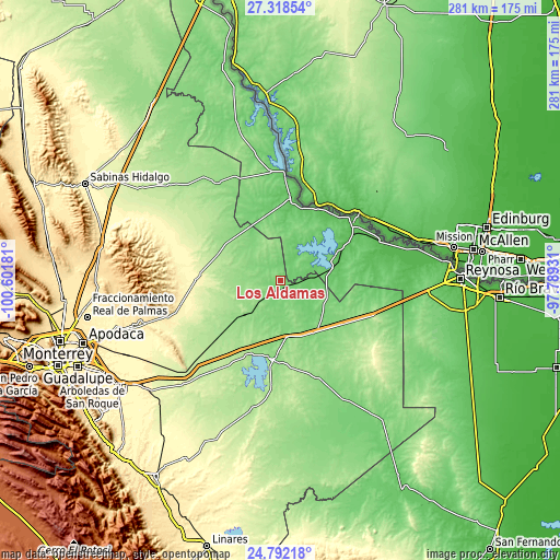 Topographic map of Los Aldamas