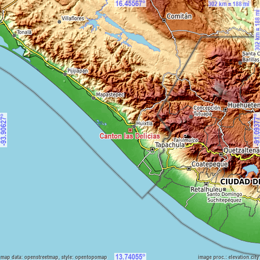 Topographic map of Cantón las Delicias