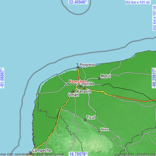 Topographic map of Komchén