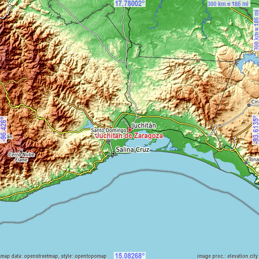 Topographic map of Juchitán de Zaragoza