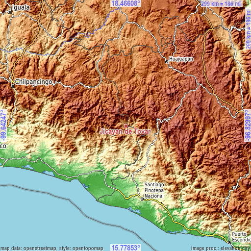 Topographic map of Jicayán de Tovar