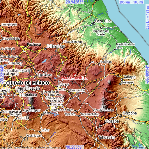 Topographic map of Ixtacamaxtitlán