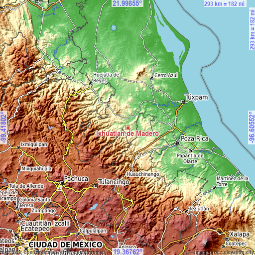 Topographic map of Ixhuatlán de Madero