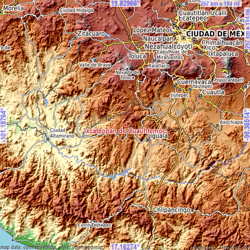 Topographic map of Ixcateopan de Cuauhtémoc