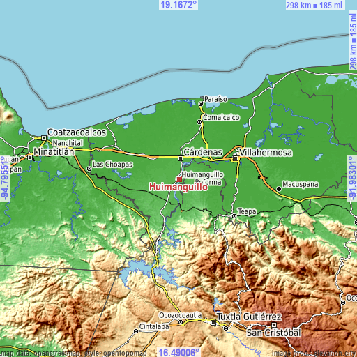 Topographic map of Huimanguillo