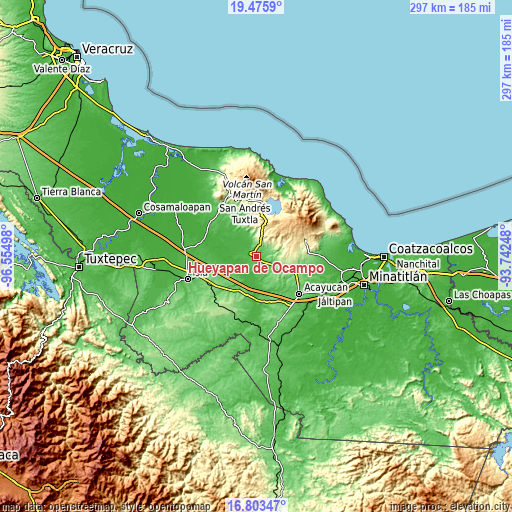 Topographic map of Hueyapan de Ocampo