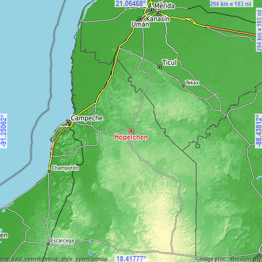 Topographic map of Hopelchén