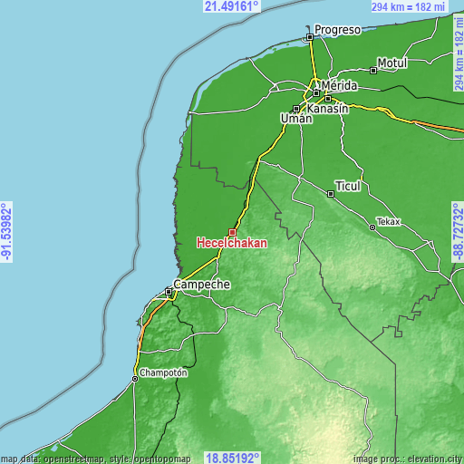 Topographic map of Hecelchakán