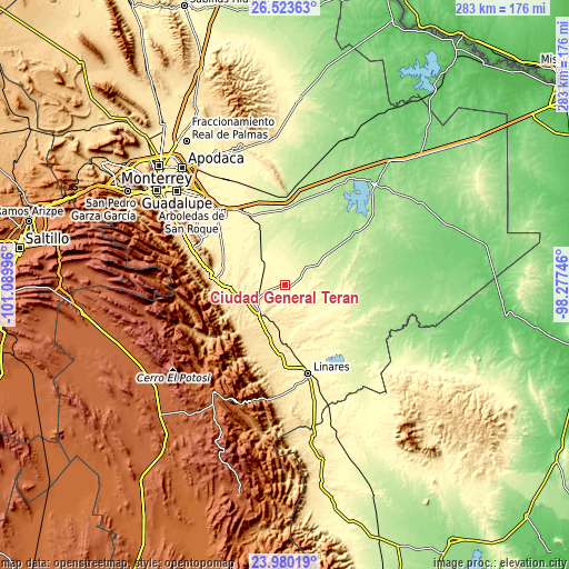 Topographic map of Ciudad General Terán