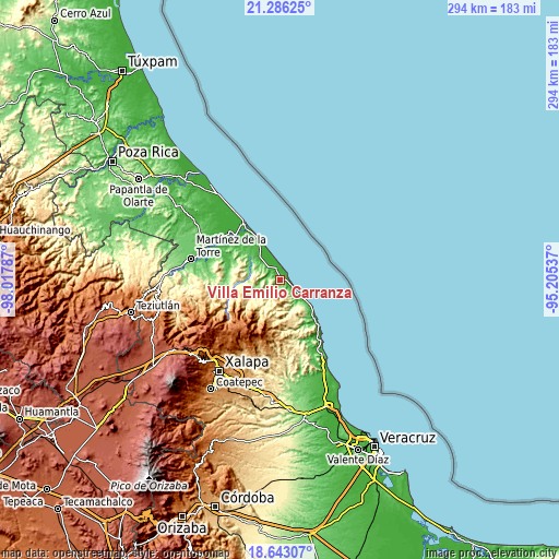 Topographic map of Villa Emilio Carranza