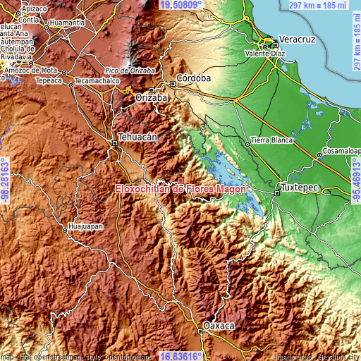 Topographic map of Eloxochitlán de Flores Magón