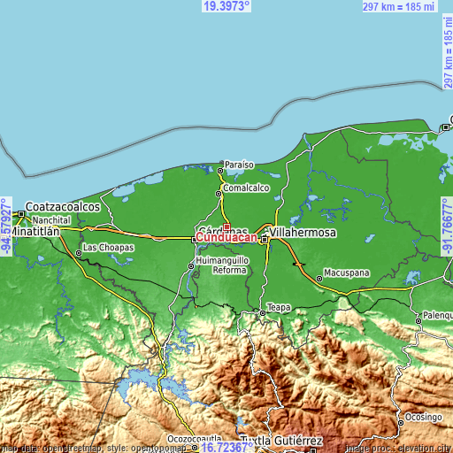 Topographic map of Cunduacán