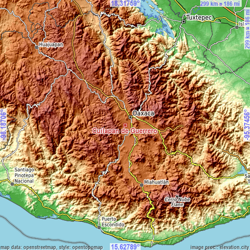Topographic map of Cuilapan de Guerrero
