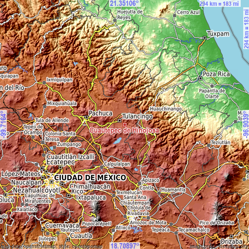 Topographic map of Cuautepec de Hinojosa