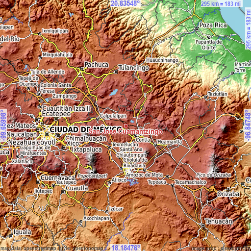 Topographic map of San José Cuamantzingo