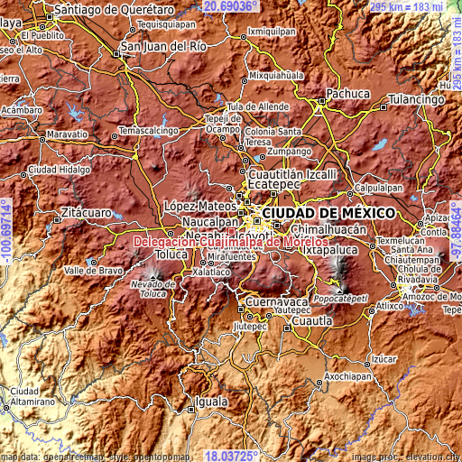 Topographic map of Delegación Cuajimalpa de Morelos