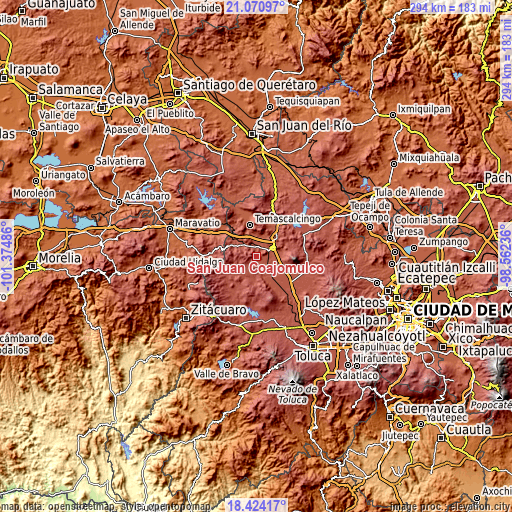 Topographic map of San Juan Coajomulco