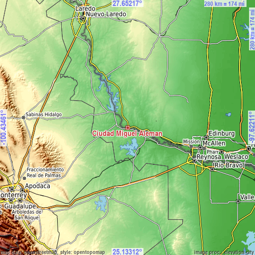 Topographic map of Ciudad Miguel Alemán