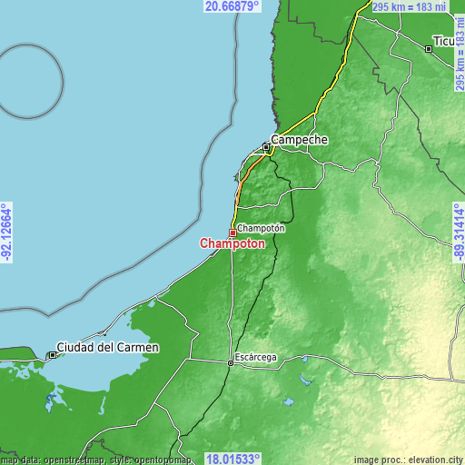 Topographic map of Champotón