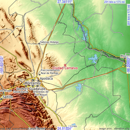 Topographic map of Ciudad Cerralvo
