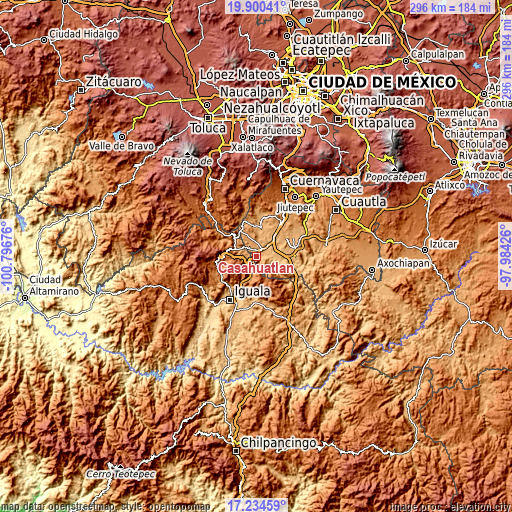 Topographic map of Casahuatlán