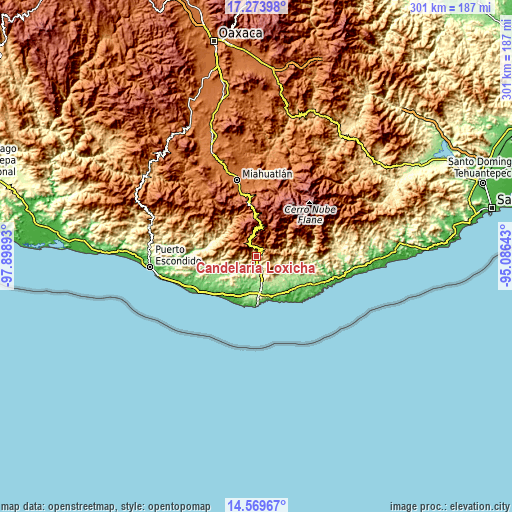 Topographic map of Candelaria Loxicha