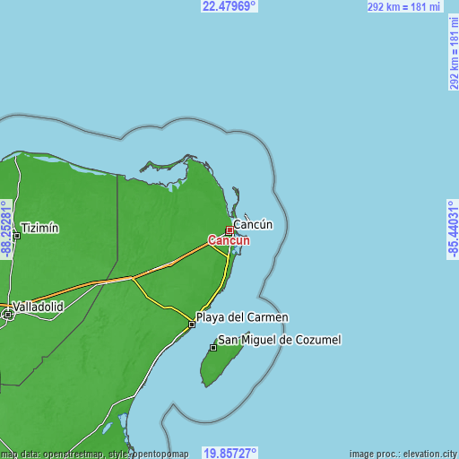 Topographic map of Cancún
