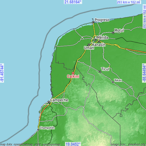 Topographic map of Calkiní
