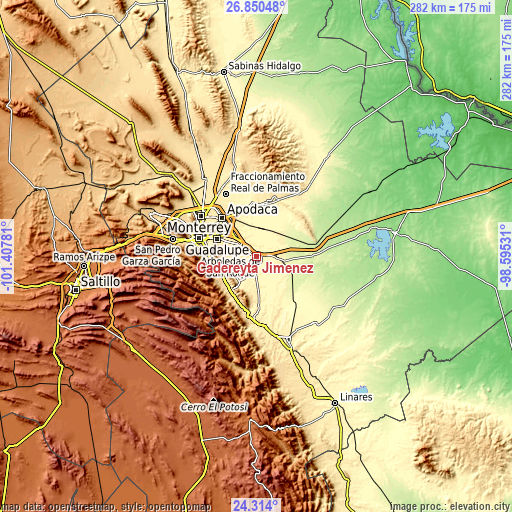Topographic map of Cadereyta Jiménez