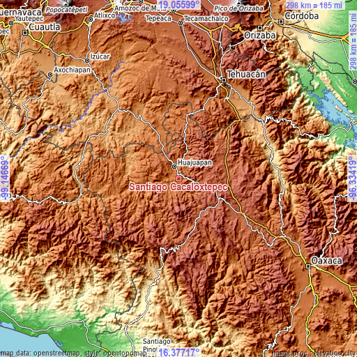 Topographic map of Santiago Cacaloxtepec