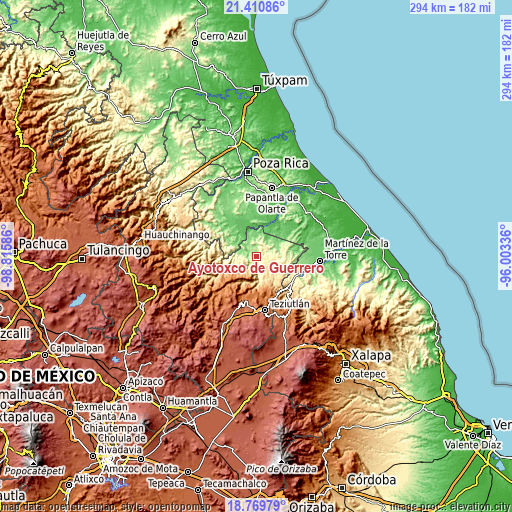 Topographic map of Ayotoxco de Guerrero