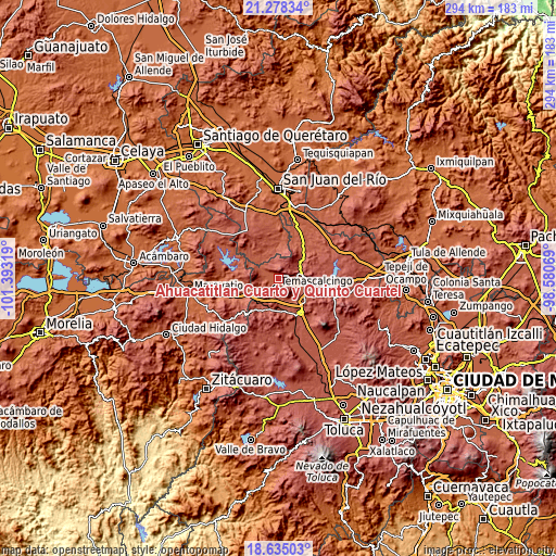 Topographic map of Ahuacatitlán Cuarto y Quinto Cuartel