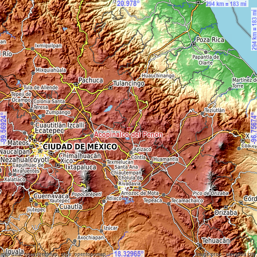 Topographic map of Acopinalco del Peñón