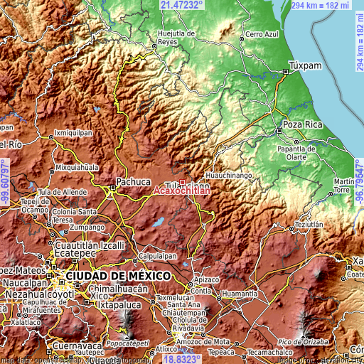 Topographic map of Acaxochitlán