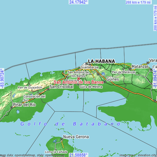 Topographic map of San Antonio de los Baños