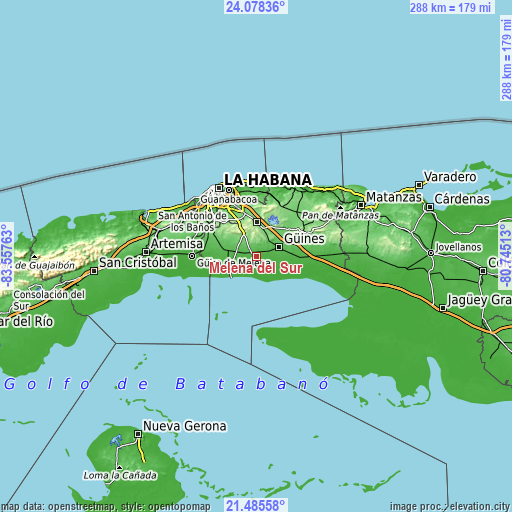 Topographic map of Melena del Sur