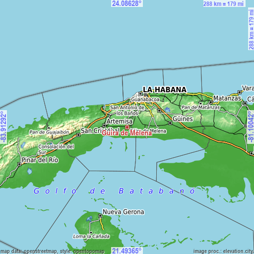 Topographic map of Güira de Melena