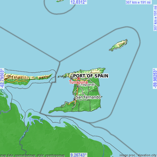 Topographic map of Tunapuna