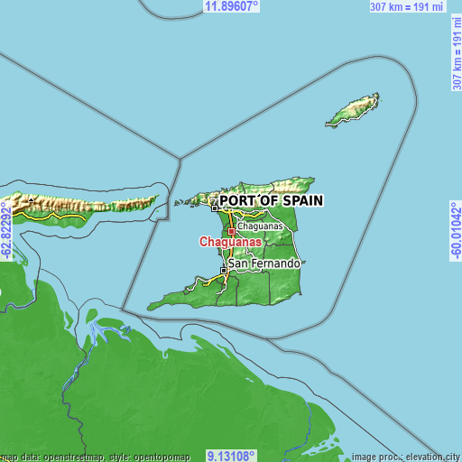 Topographic map of Chaguanas