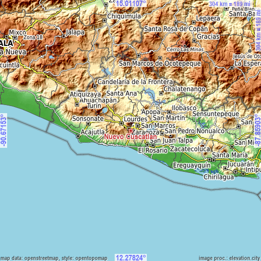 Topographic map of Nuevo Cuscatlán